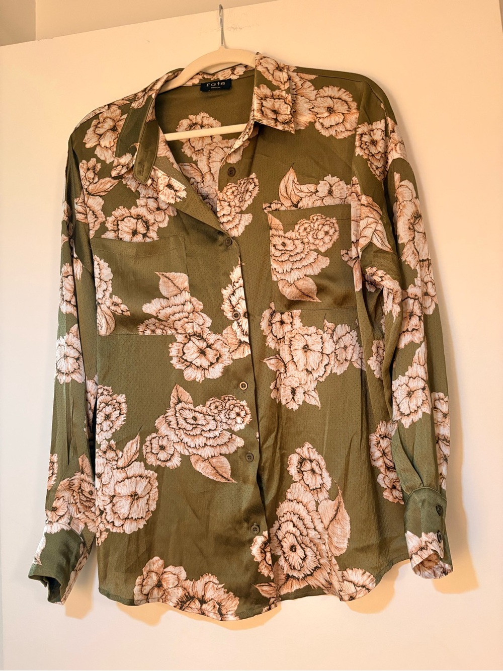 Olive Green Floral Button-Up Blouse